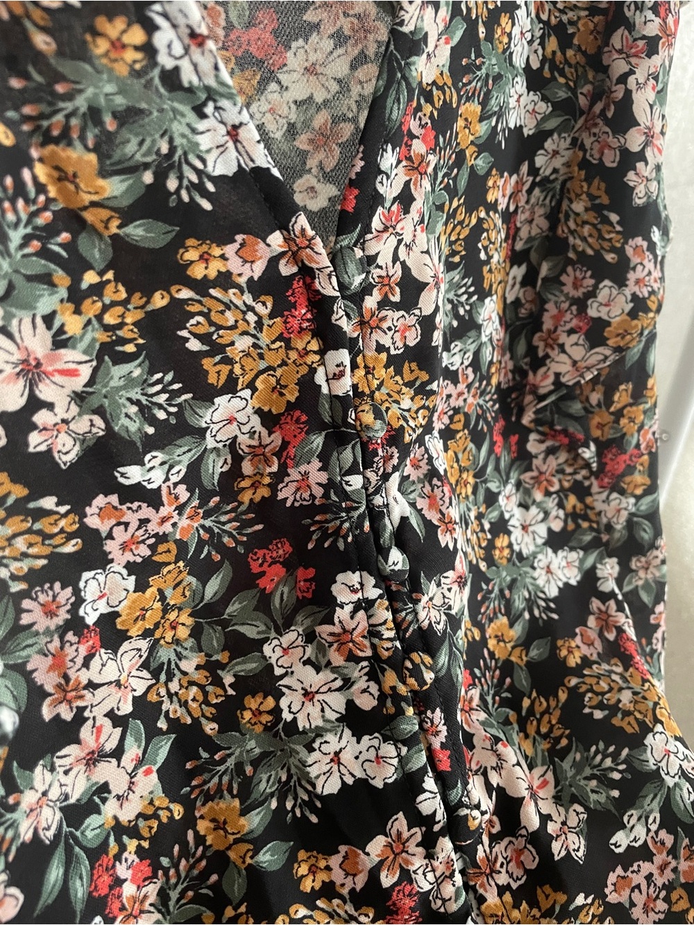 Dynamite Black Floral V-Neck Button Blouse with Multicolor Print